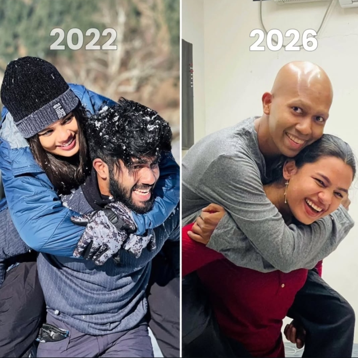 Ridhwan with his wife in 2022, and together again in 2026 during his treatment